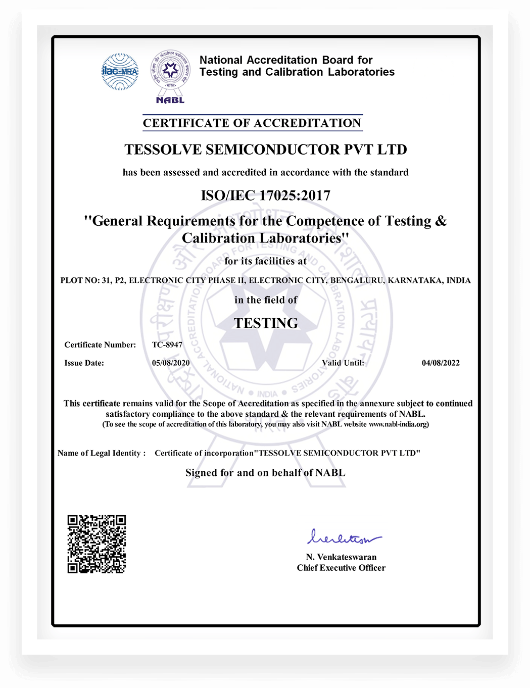 Tessolve gets accredited by National Accreditation Board for Testing and Calibration Laboratories for competence in Testing