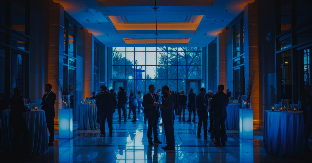Large Group People Are Standing Large Room With Blue Lights 1