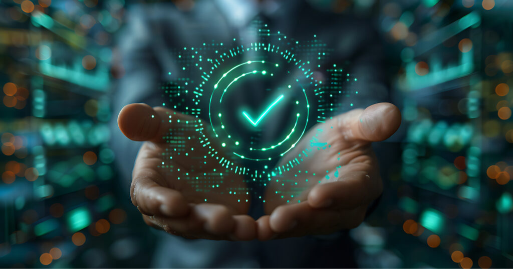 Green Check Mark Compliance Certification Audit Concept With Business Man Holding Digit 1