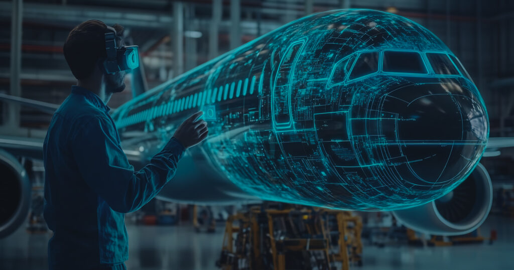 Aerospace Engineer Visualizing Futuristic Hologram Plane With Advanced Technology 1