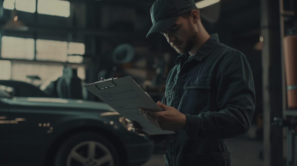 Mechanic Inspecting Car With Checklist Auto Repair Shop Quality Automotive Service 1